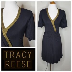 Tracy Reese Women Black Gold Trimmed V Neck Wrap Style‎ Knit Dress Size S